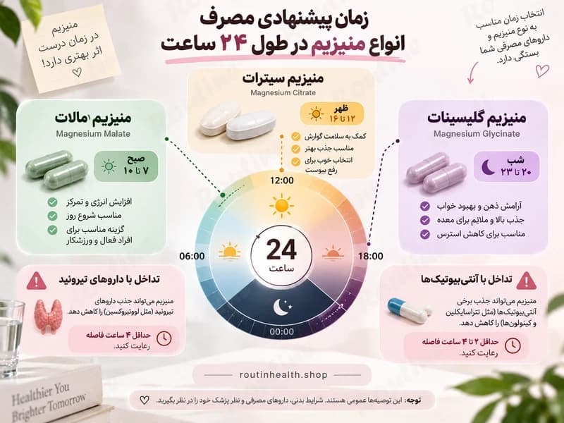 اینفوگرافیک نوار زمانی ۲۴ ساعته برای زمان مصرف منیزیم مالات، سیترات و گلیسینات و فاصله با داروهای تیروئید و آنتیبیوتیک