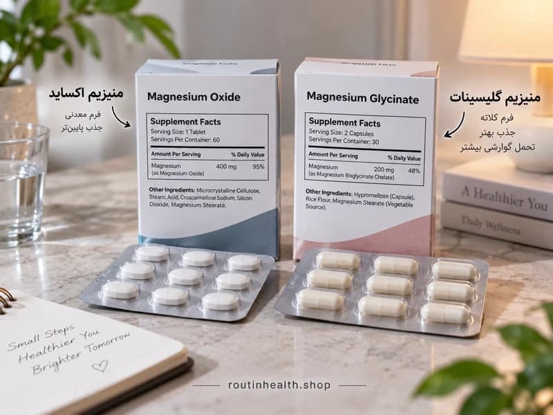 دو بلیستر منیزیم اکساید و گلیسینات کنار جعبههای مکمل با تمرکز روی جدول ترکیبات